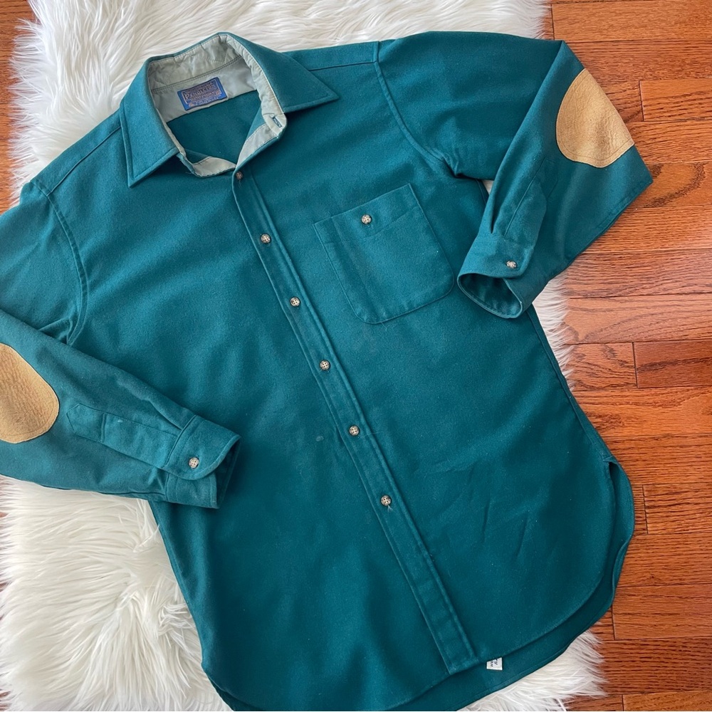Pendleton Teal Wool Button-Up Shirt with Tan Elbow Patches